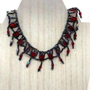 Renaissance Beaded Choker‎ 13" Necklace Iridescent Seed Beads Red Rectangle